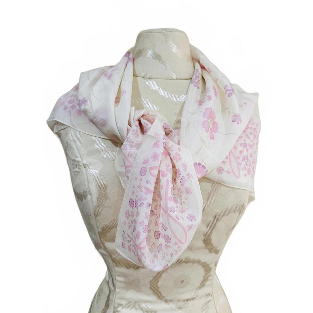 100% SILK Delicate Pink Floral Scarf with Breast Cancer Awareness Ribbons